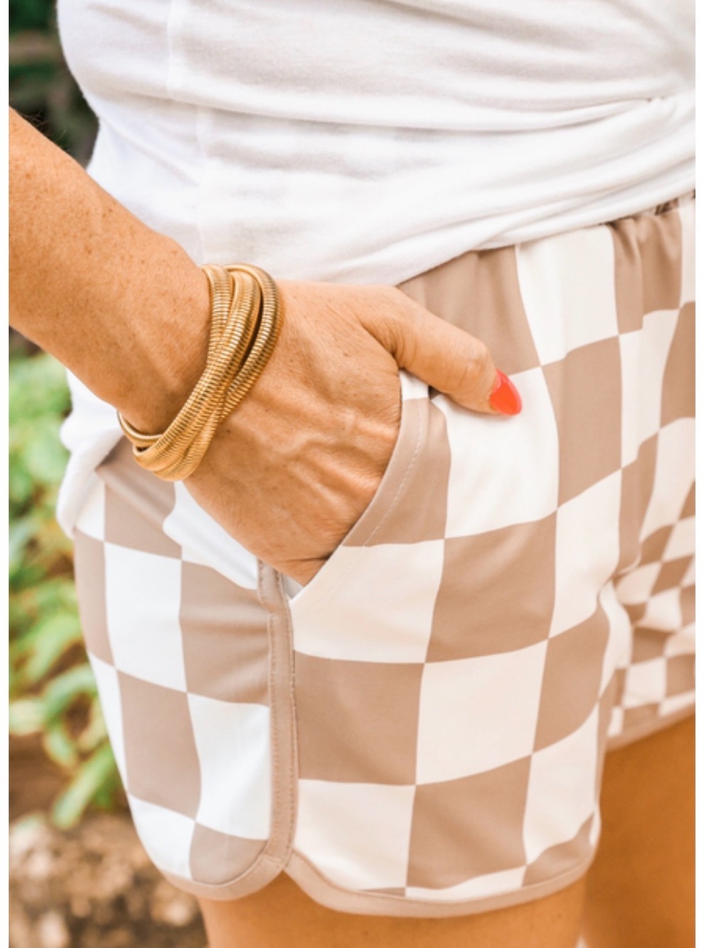 Checkerboard High-Rise Women’s Shorts in Beige and White